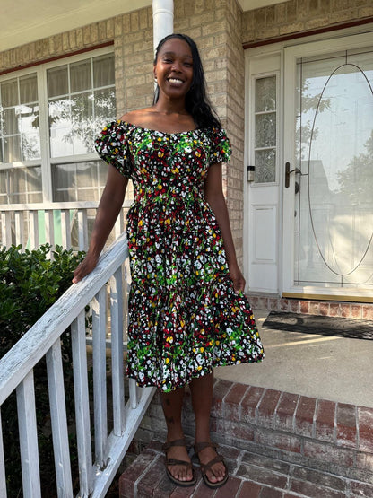 African Print Ankara Polkadot Adjustable Off Shoulder Dress