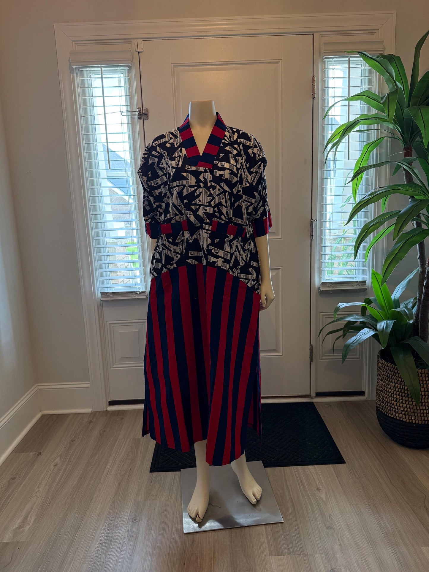 African Ankara Wax Print Mixed Pattern V Neck Double Pocket Kaftan Style Medium Dress