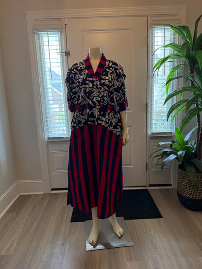 African Ankara Wax Print Mixed Pattern V Neck Double Pocket Kaftan Style Medium Dress