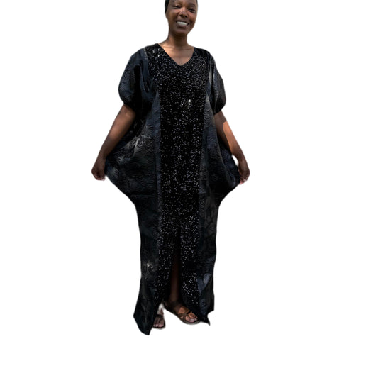 African Unique Rich Aunty Black Damask Brocade Boubou/Maxi Dress Afro American Outfits