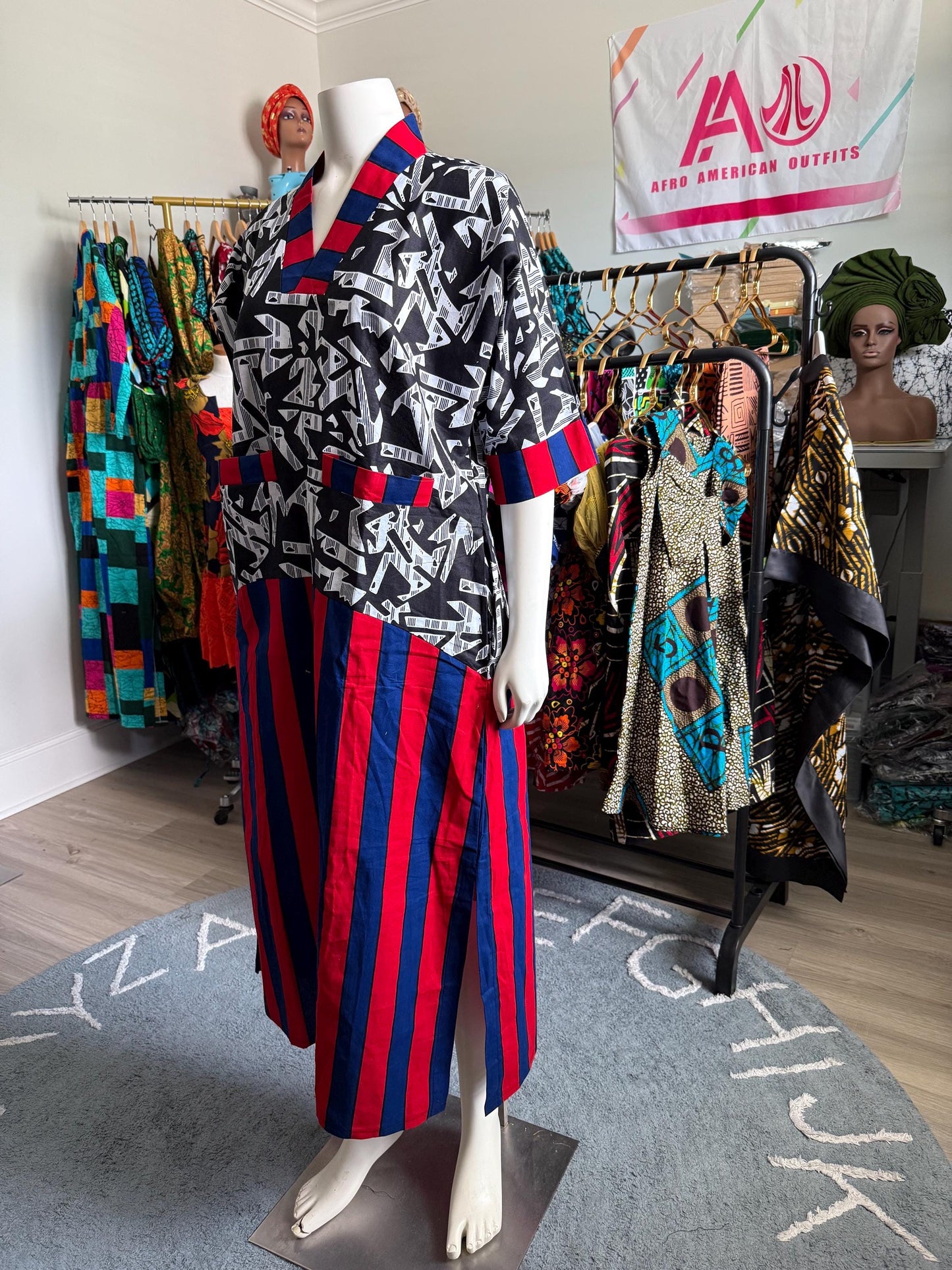 African Ankara Wax Print Mixed Pattern V Neck Double Pocket Kaftan Style Medium Dress