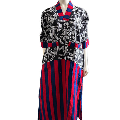African Ankara Wax Print Mixed Pattern V Neck Double Pocket Kaftan Style Medium Dress
