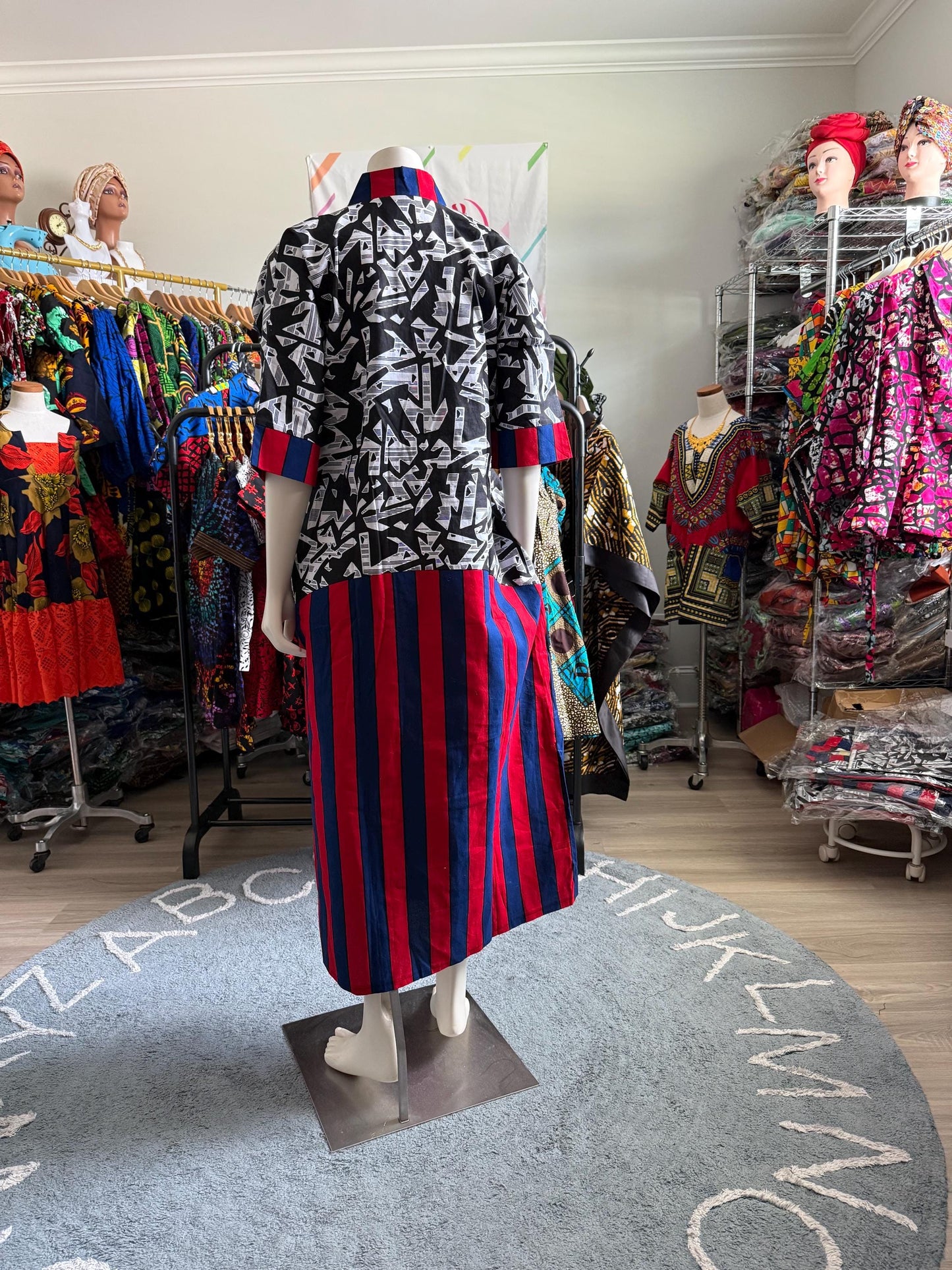 African Ankara Wax Print Mixed Pattern V Neck Double Pocket Kaftan Style Medium Dress