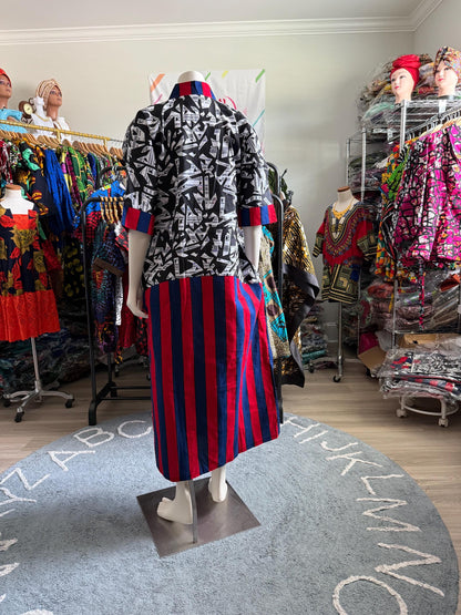 African Ankara Wax Print Mixed Pattern V Neck Double Pocket Kaftan Style Medium Dress