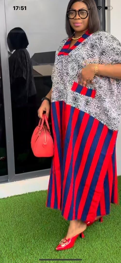 African Ankara Wax Print Mixed Pattern V Neck Double Pocket Kaftan Style Medium Dress