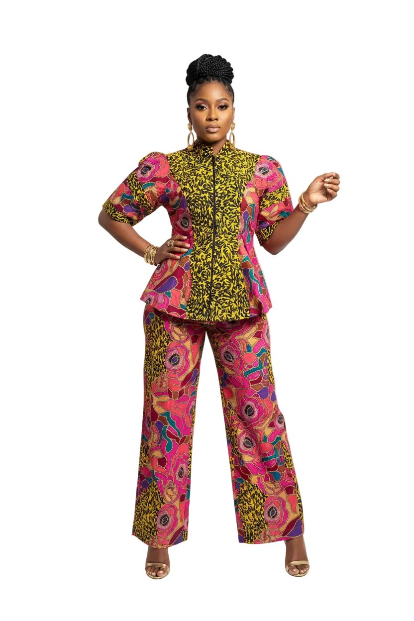 African Ankara Print Floral Front Zip 2p Pant Set