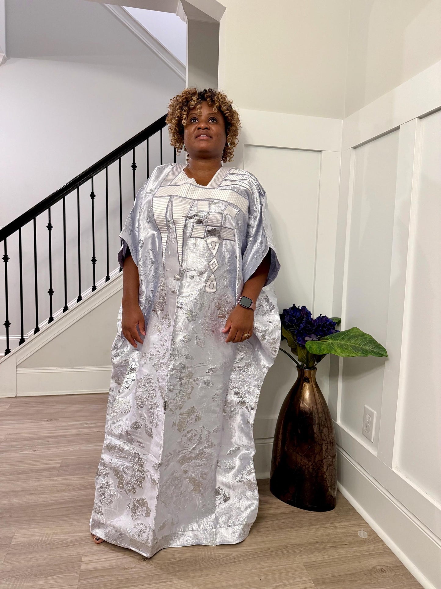 Embroidered White Damask Brocade Maxi Dress: African  Boubou Gown