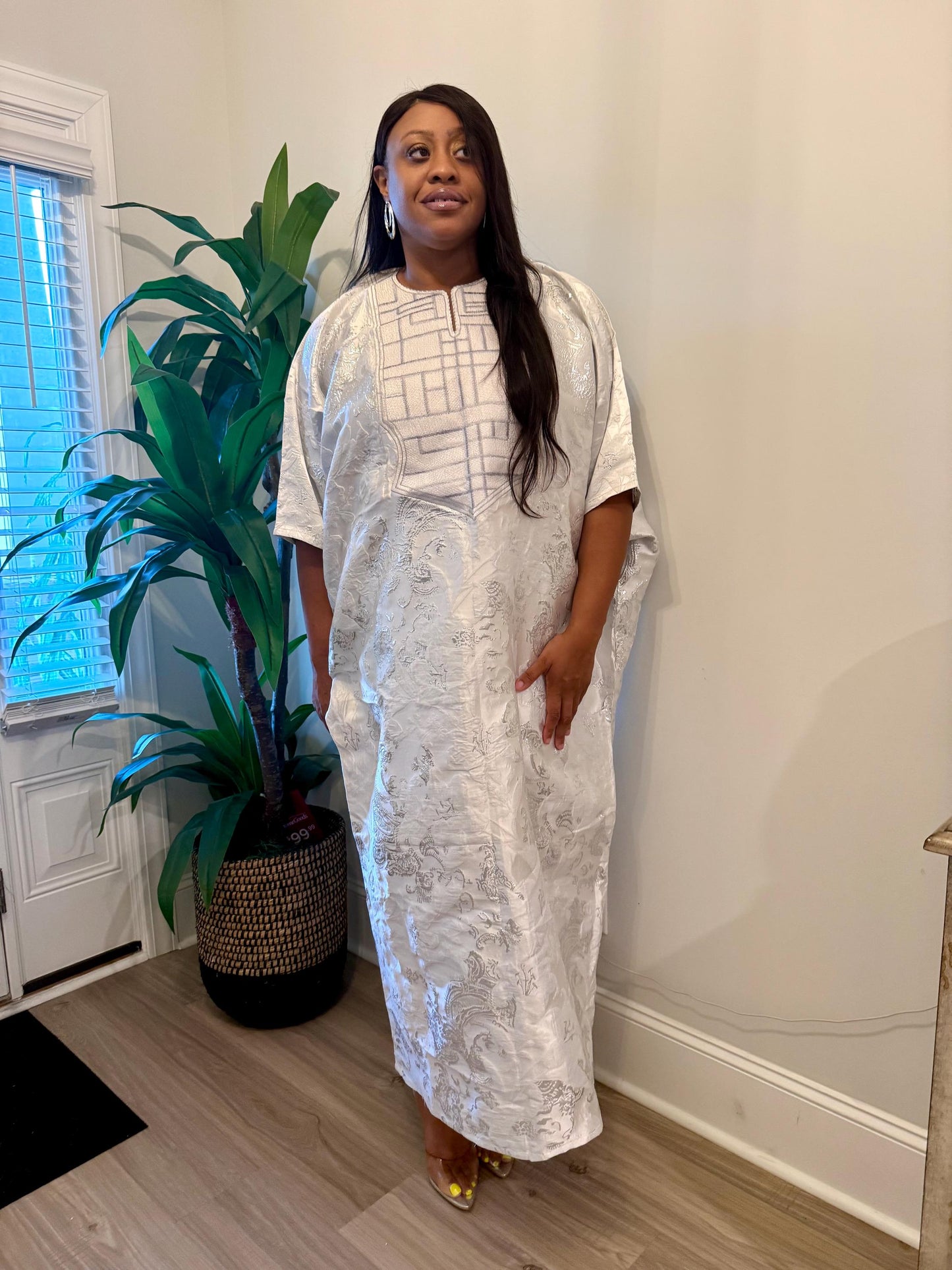 Embroidered White Damask Brocade Maxi Dress: African  Boubou Gown