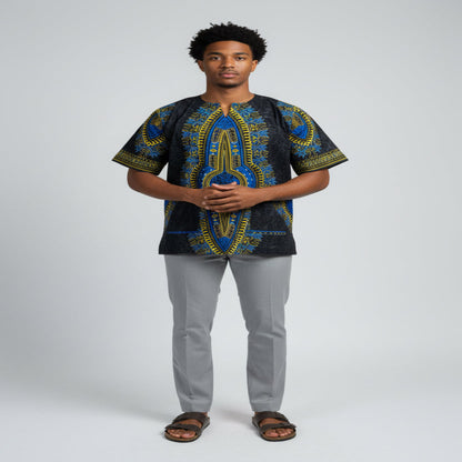 African Ethnic Print Men Danshiki Top, Modern Cotton