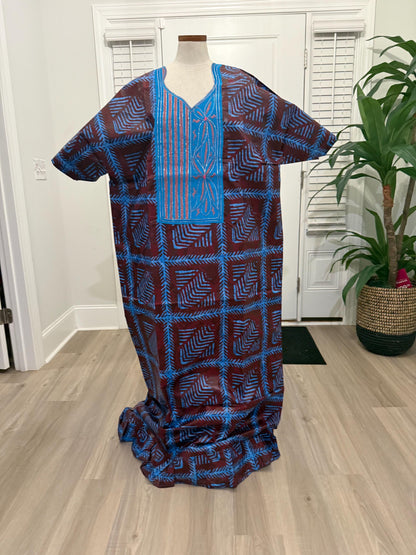African Women Embroidered Brocade Batik/Adire Print Kaftan/Bubu