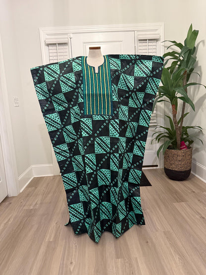 African Women Embroidered Brocade Batik/Adire Print Kaftan/Bubu