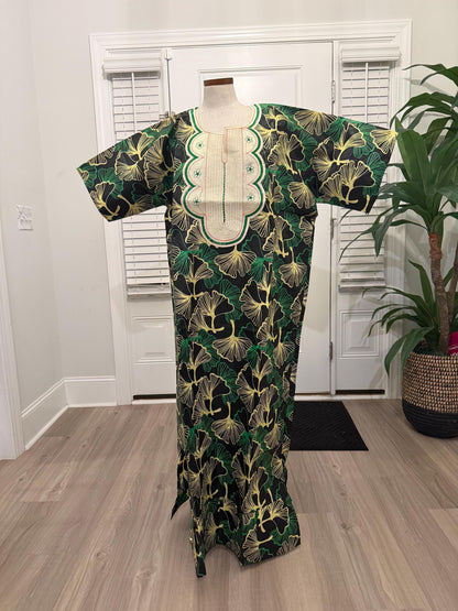 African Women Embroidered Brocade Batik/Adire Print Kaftan/Bubu