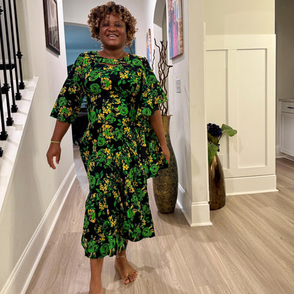 African  Ankara Wax Green Floral Fashion Dress Afro American Outfits