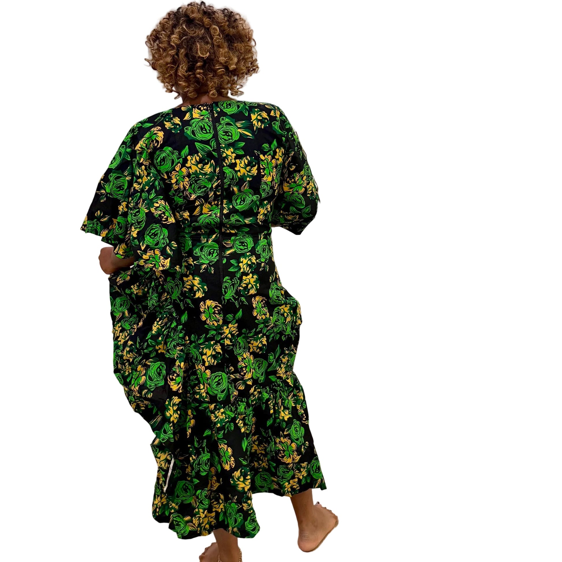 African  Ankara Wax Green Floral Fashion Dress Afro American Outfits