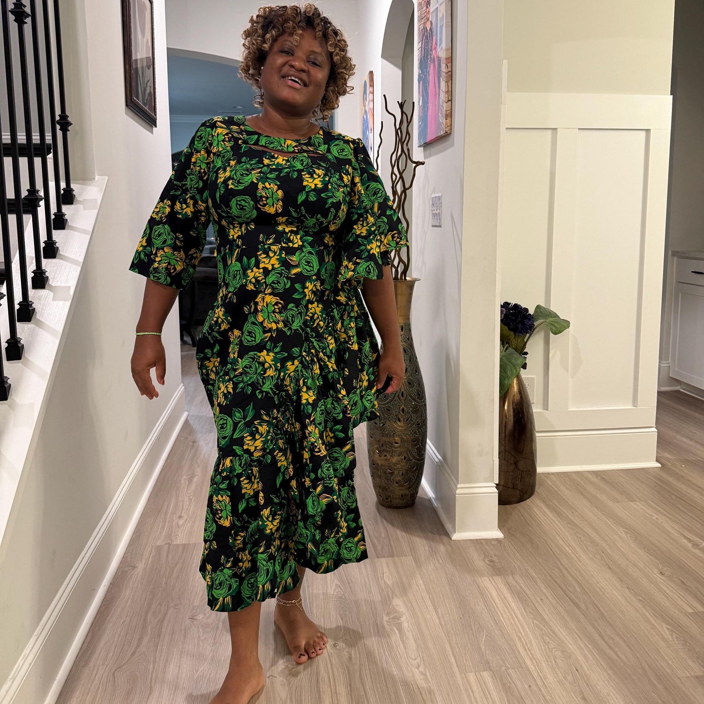 African  Ankara Wax Green Floral Fashion Dress Afro American Outfits