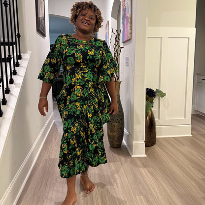 African  Ankara Wax Green Floral Fashion Dress Afro American Outfits