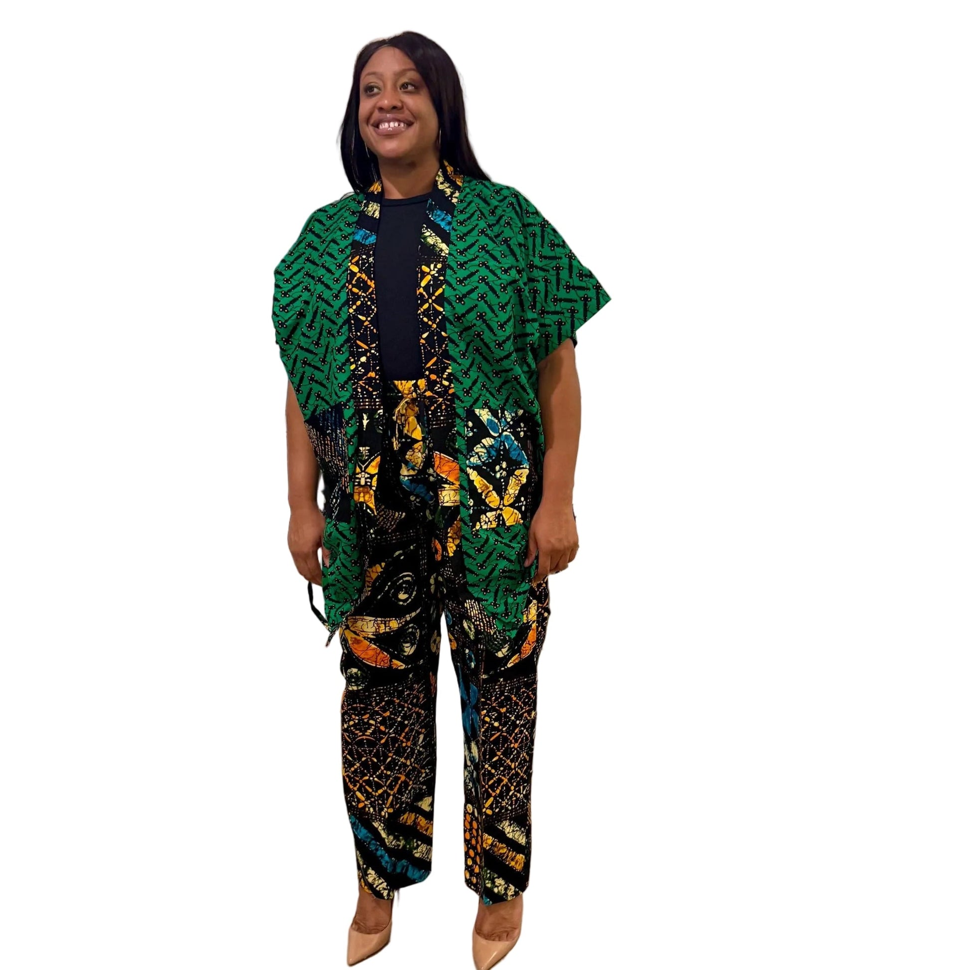 Modern African Ankara print Afro Calantha Tie side kimono 2p Pant Set Afro American Outfits