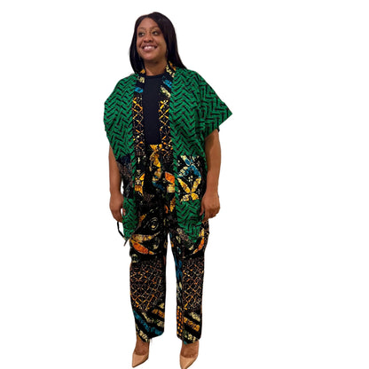 Modern African Ankara print Afro Calantha Tie side kimono 2p Pant Set Afro American Outfits