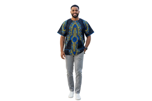 African Ethnic Print Men Danshiki Top, Modern Cotton
