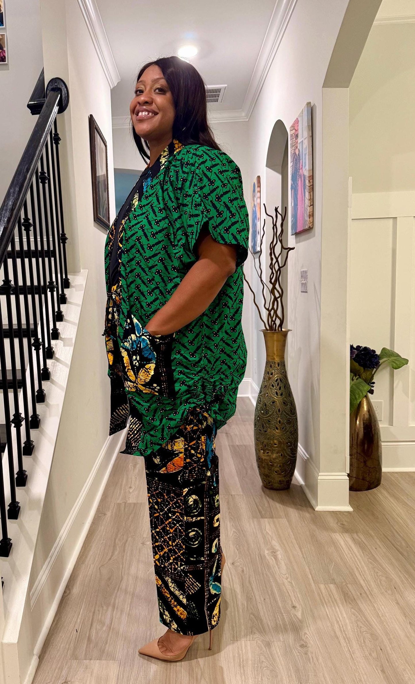 Modern African Ankara print Afro Calantha Tie side kimono 2p Pant Set Afro American Outfits