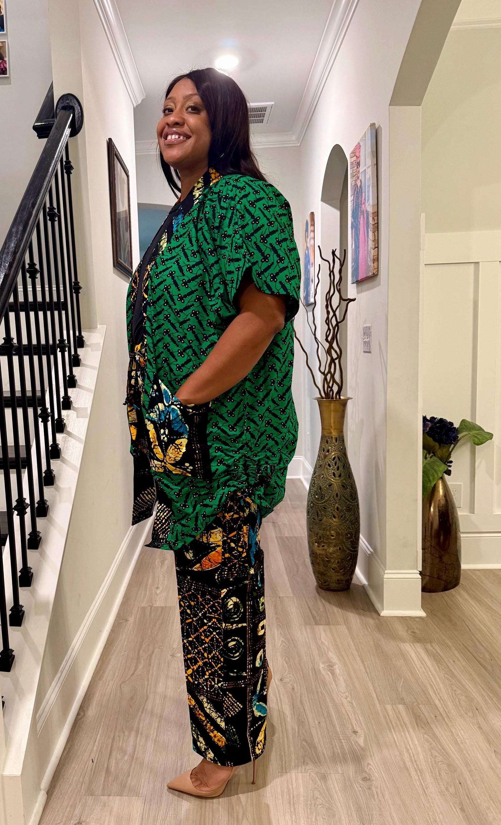 Modern African Ankara print Afro Calantha Tie side kimono 2p Pant Set Afro American Outfits