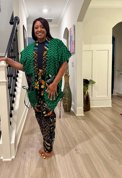 Modern African Ankara print Afro Calantha Tie side kimono 2p Pant Set Afro American Outfits