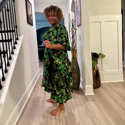 African  Ankara Wax Green Floral Fashion Dress Afro American Outfits