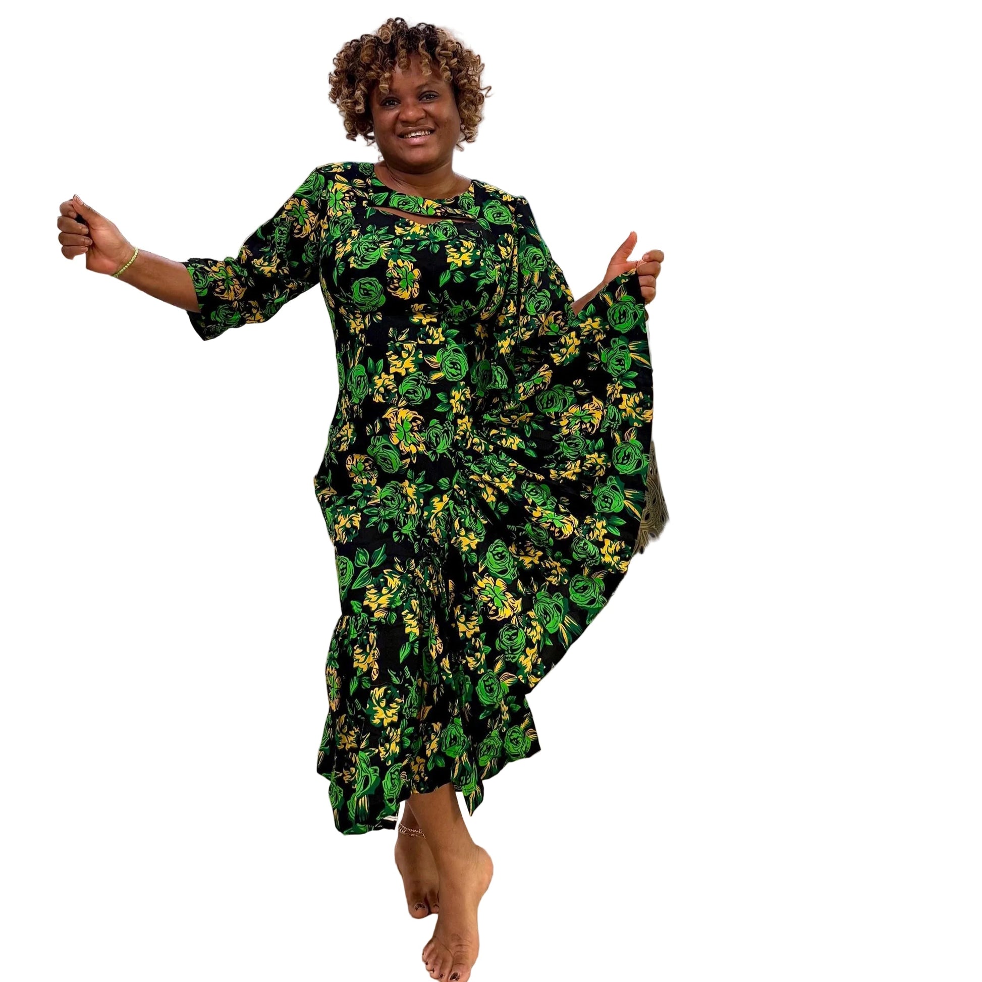 African  Ankara Wax Green Floral Fashion Dress Afro American Outfits