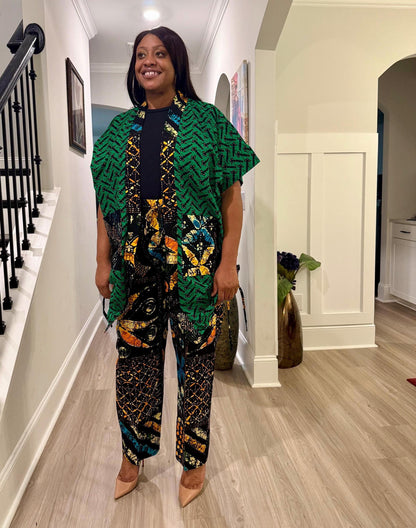 Modern African Ankara print Afro Calantha Tie side kimono 2p Pant Set Afro American Outfits
