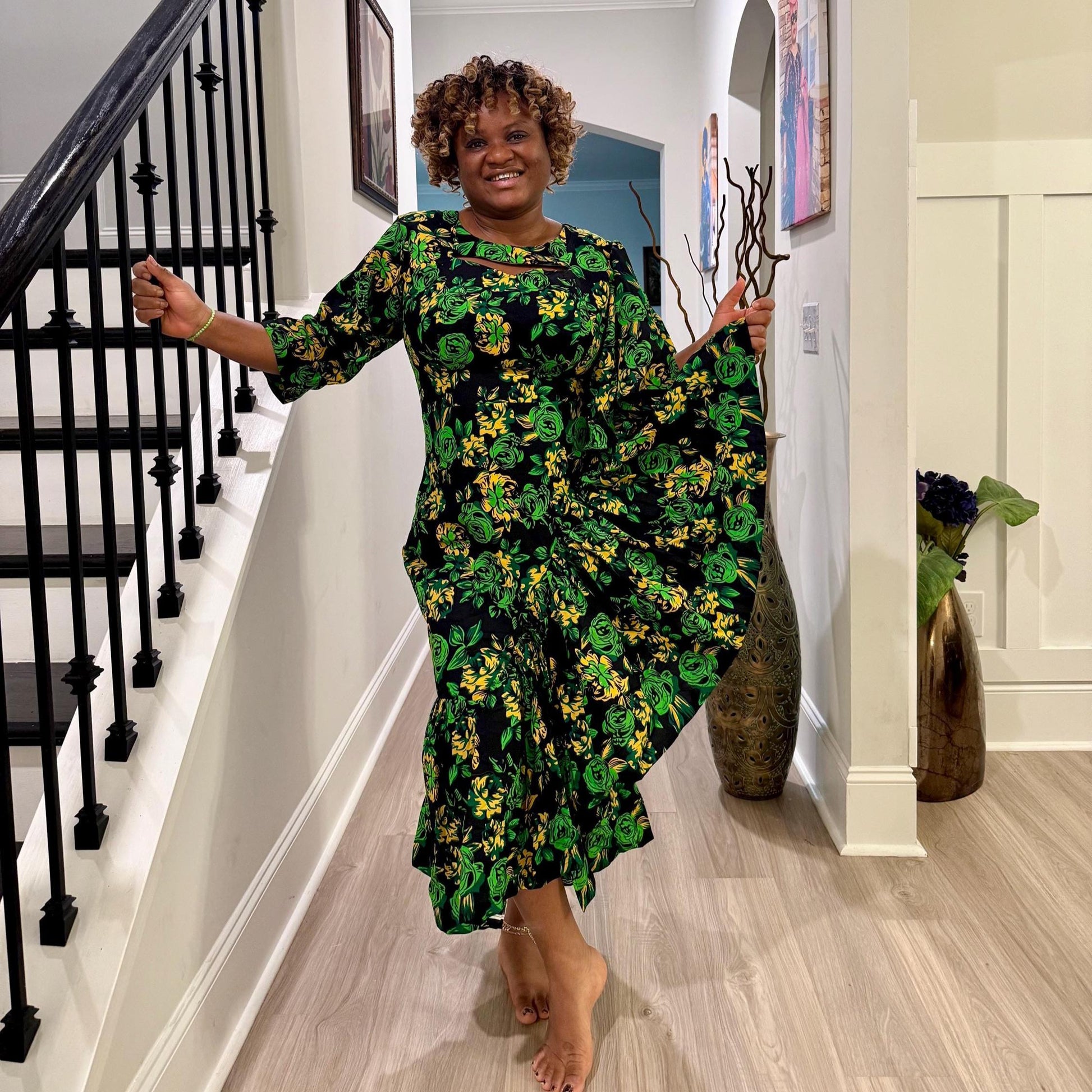 African  Ankara Wax Green Floral Fashion Dress Afro American Outfits