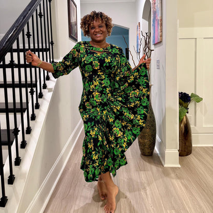African  Ankara Wax Green Floral Fashion Dress Afro American Outfits