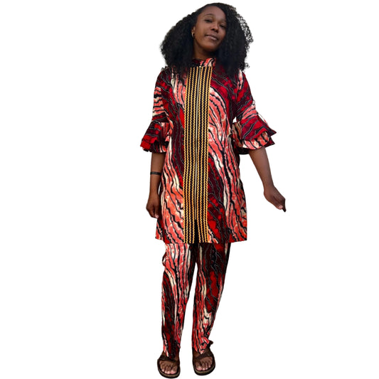 African Wax Print Ankara Kimono Style Front Zipper 2p Pant Set