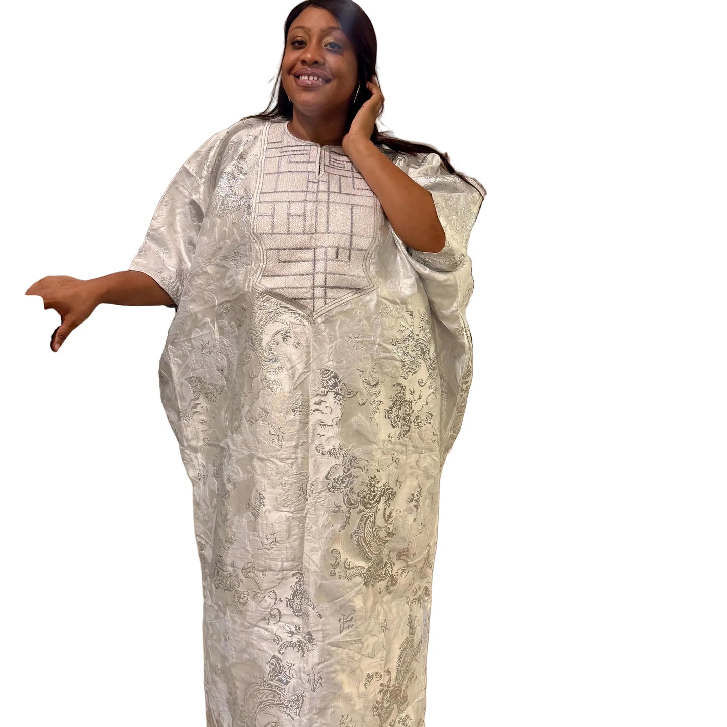Embroidered White Damask Brocade Maxi Dress: African  Boubou Gown