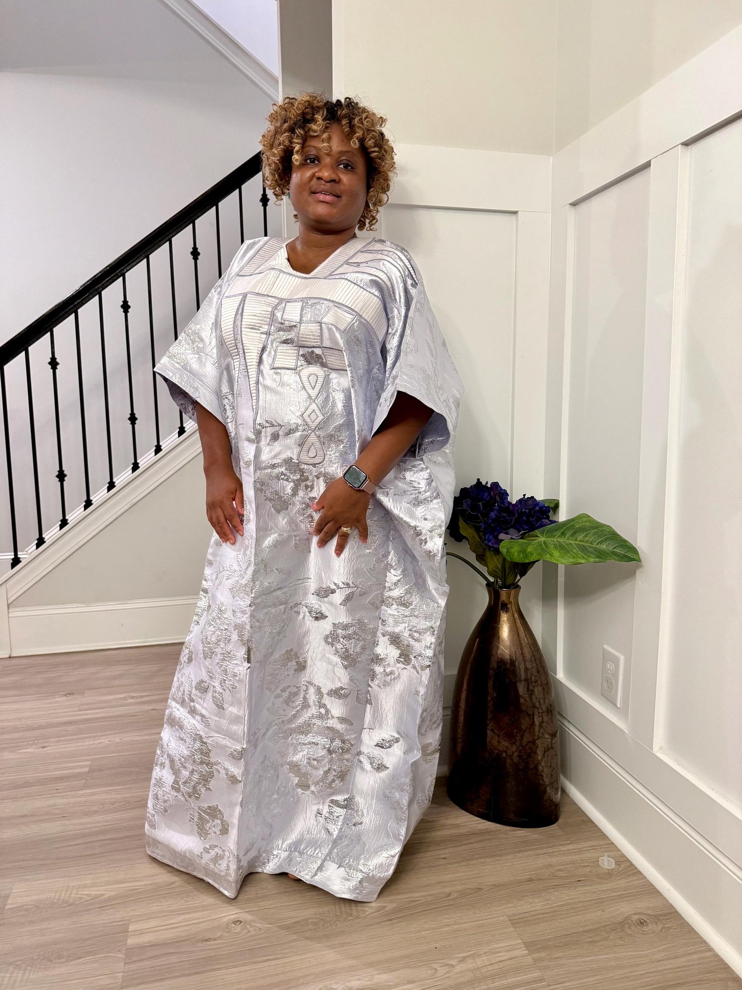 Embroidered White Damask Brocade Maxi Dress: African  Boubou Gown