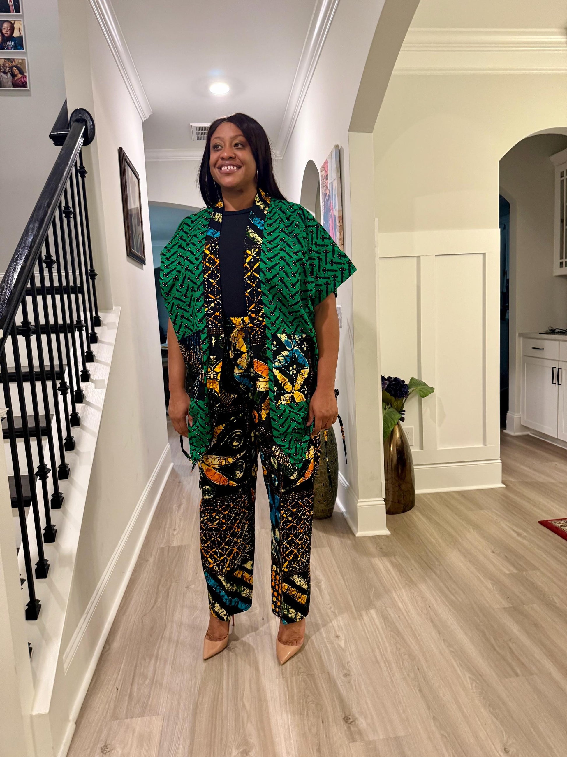 Modern African Ankara print Afro Calantha Tie side kimono 2p Pant Set Afro American Outfits