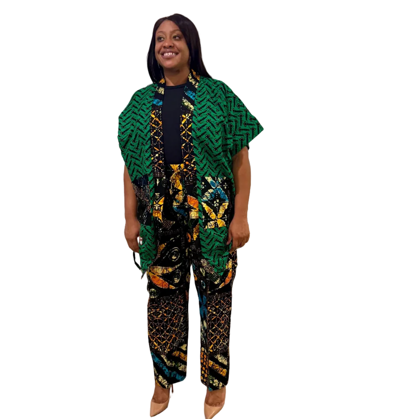 Modern African Ankara print Afro Calantha Tie side kimono 2p Pant Set Afro American Outfits
