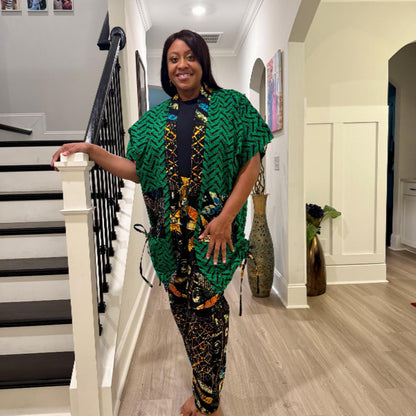 Modern African Ankara print Afro Calantha Tie side kimono 2p Pant Set Afro American Outfits
