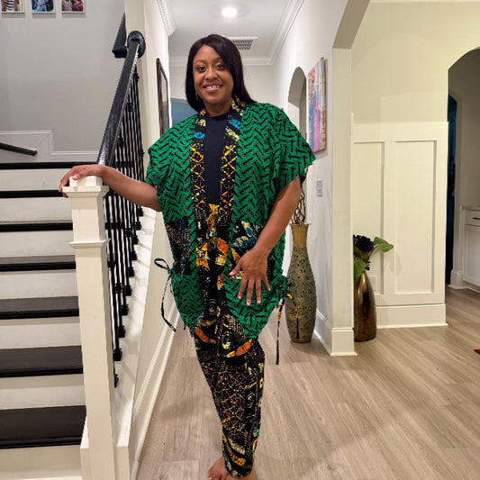 Modern African Ankara print Afro Calantha Tie side kimono 2p Pant Set Afro American Outfits