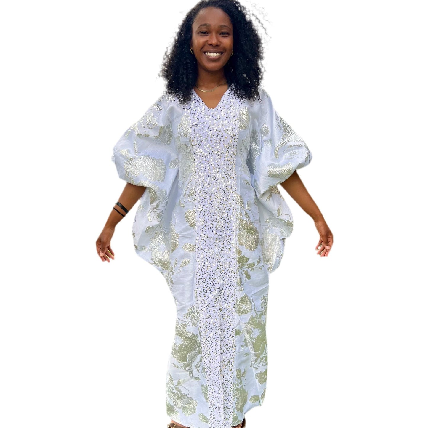 Luxury White African Damask Brocade Bubu/Boubou Maxi Dress