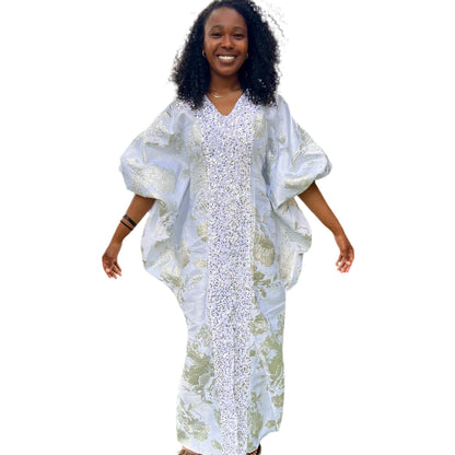 Luxury White African Damask Brocade Bubu/Boubou Maxi Dress