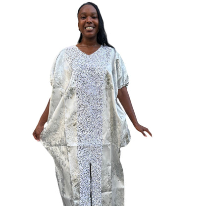 Luxury White African Damask Brocade Bubu/Boubou Maxi Dress