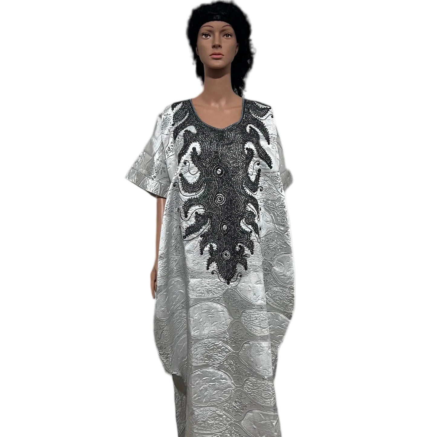 Luxury White African Damask Brocade Bubu/Boubou Maxi Dress