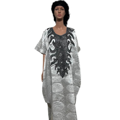 Luxury White African Damask Brocade Bubu/Boubou Maxi Dress