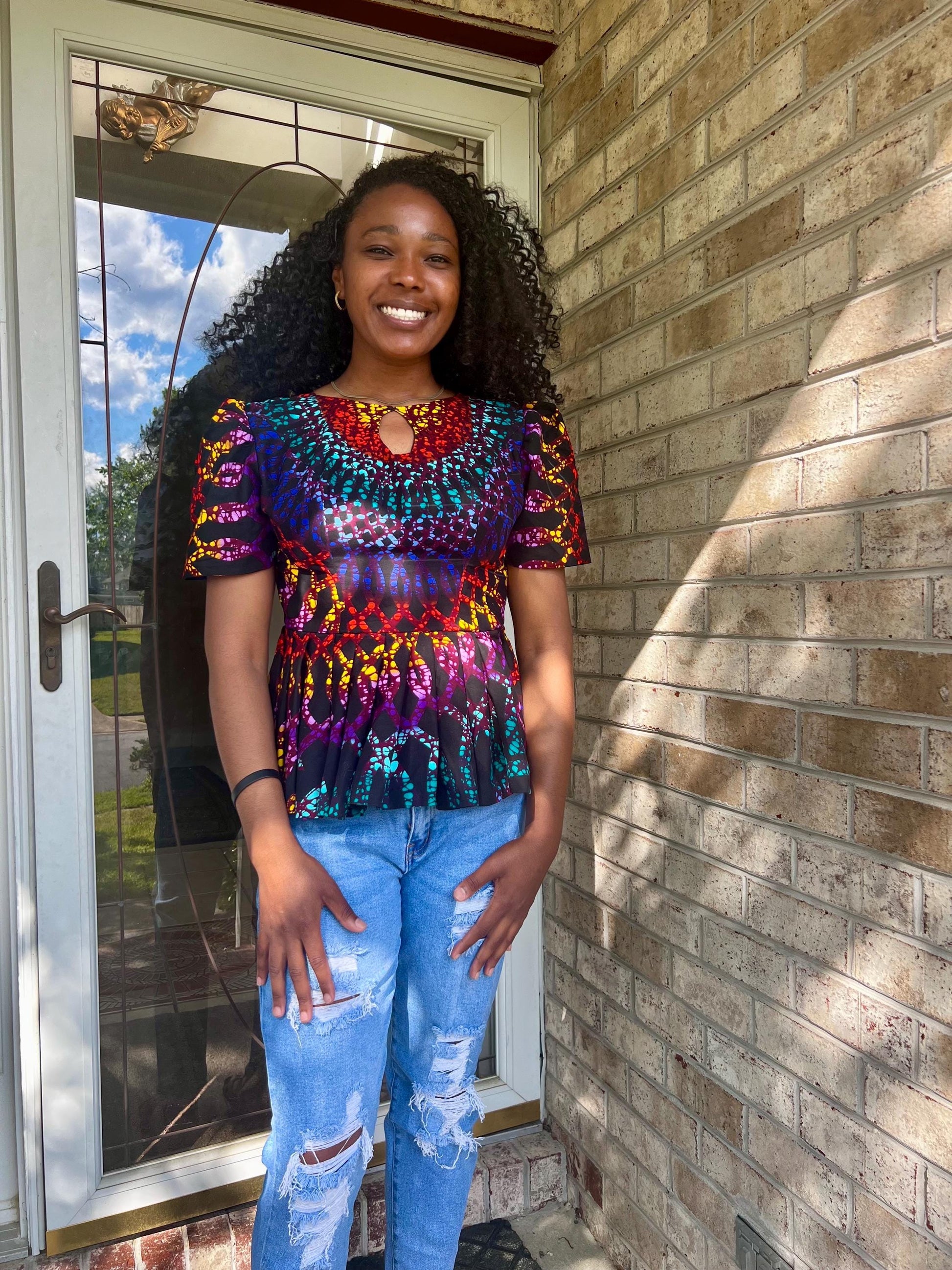 African  Ankara Wax Print Multi Colored Ethnic Fitted Tops/Blouse Afro American Outfits