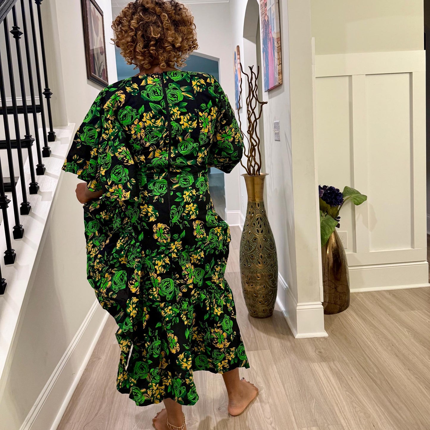 African  Ankara Wax Green Floral Fashion Dress Afro American Outfits