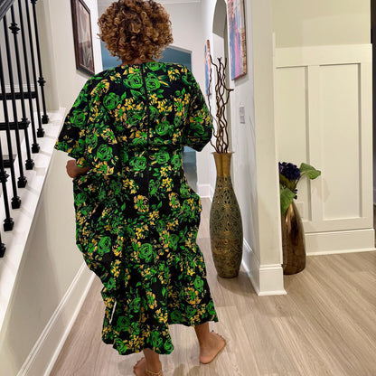 African  Ankara Wax Green Floral Fashion Dress Afro American Outfits