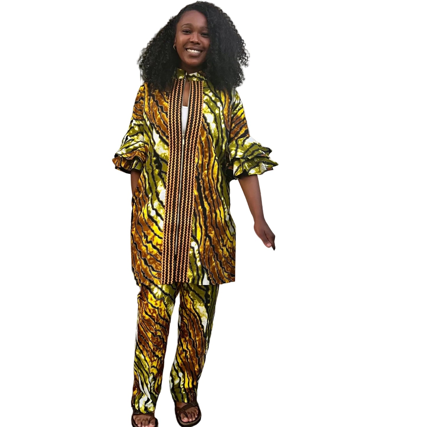 African Wax Print Ankara Kimono Style Front Zipper 2p Pant Set Afro American Outfits