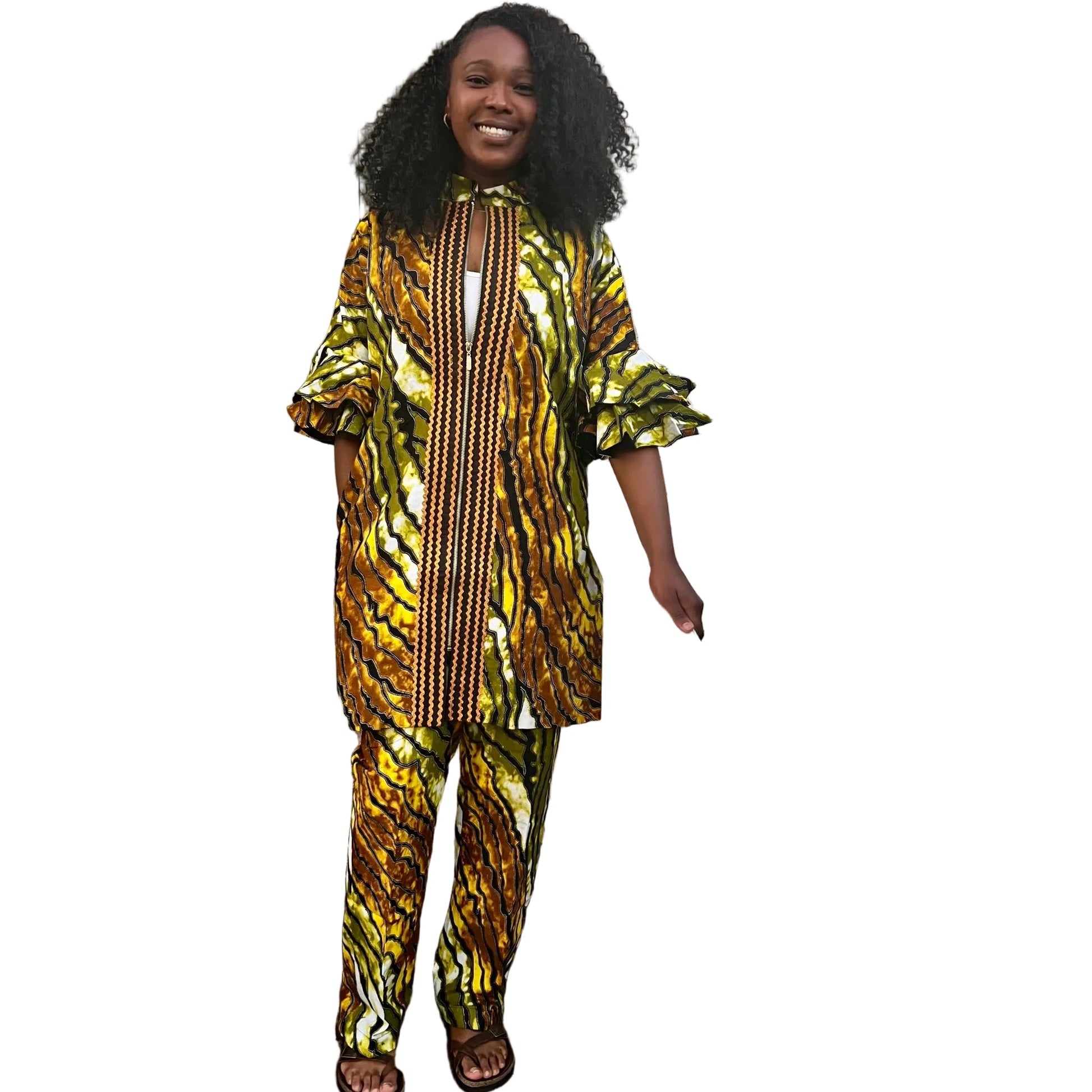 African Wax Print Ankara Kimono Style Front Zipper 2p Pant Set Afro American Outfits