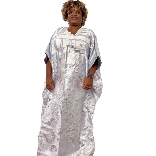 Embroidered White Damask Brocade Maxi Dress: African  Boubou Gown