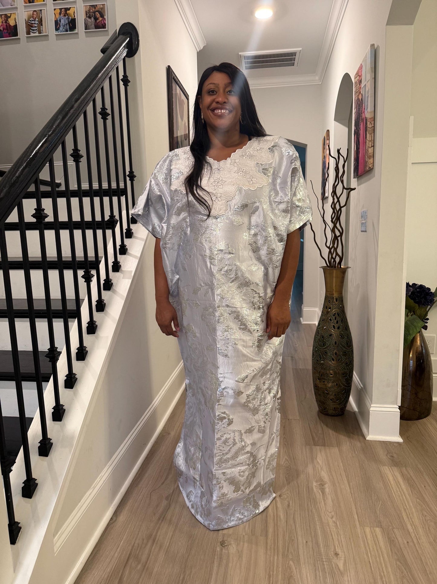 Embroidered White Damask Brocade Maxi Dress: African  Boubou Gown